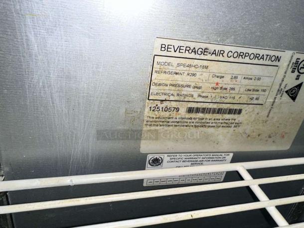 Beverage-Air SPE48HC-18M prep table label, showing model, refrigerant, design pressure, and electrical ratings.