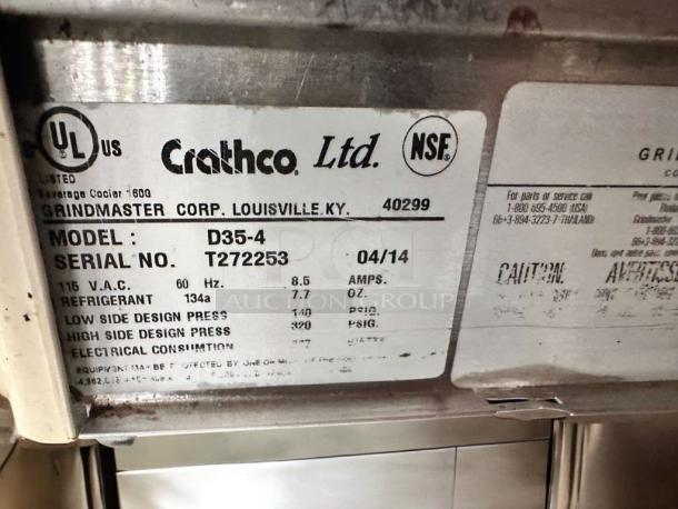 Crathco D35-4 beverage dispenser label, model D35-4, serial T272253. 115V, 60Hz, refrigerant 134A, UL and NSF certified.