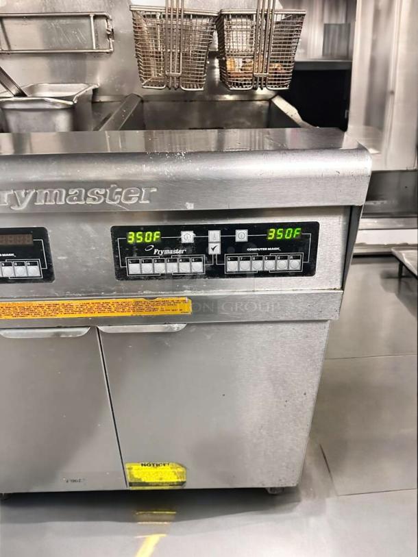 Frymaster FPP245ESD commercial gas fryer, dual vat, in superb condition. Digital controls display 350°F. Fully tested.