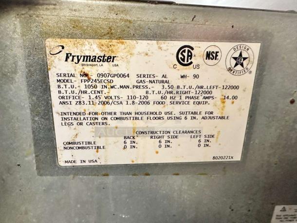 Frymaster FPP245ESD gas fryer label showing model, BTU, voltage, and safety certifications. Fully tested, superb condition.