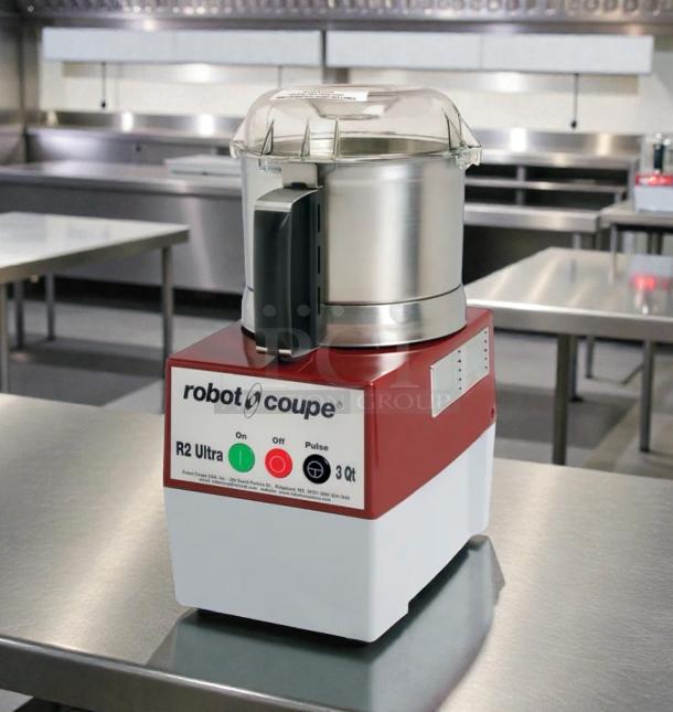 Robot Coupe R2 Ultra food processor, 3 Qt bowl, outstanding condition, tested, 120V, red and silver, commercial use.