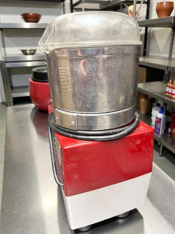 Robot Coupe R2 Ultra food processor, 3 qt bowl, excellent condition, tested, 120V, red and silver finish, visible power cord.