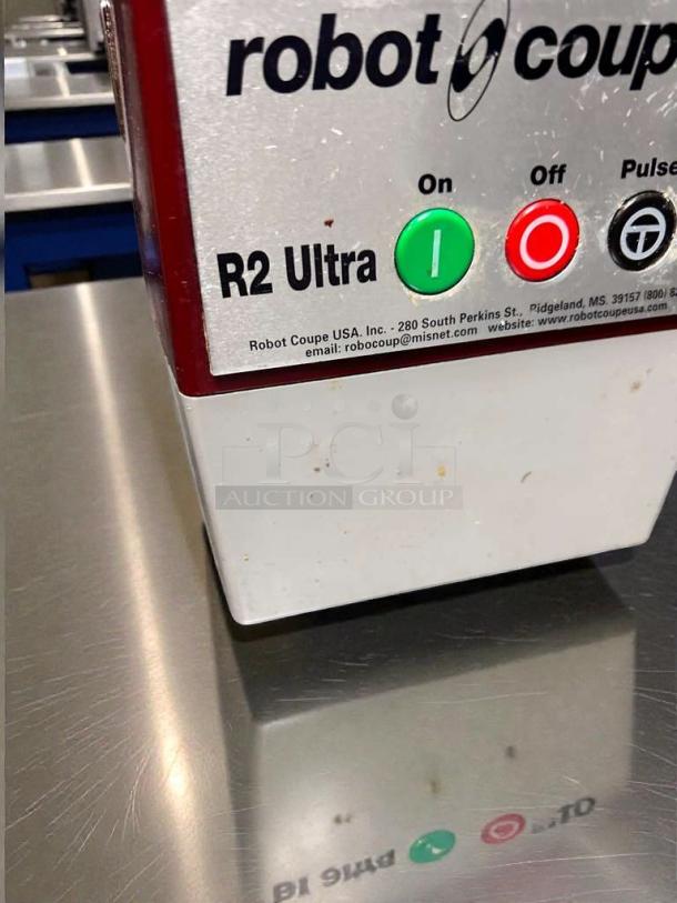 Robot Coupe R2 Ultra food processor in outstanding condition, 3 Qt bowl, 120V, with controls labeled On, Off, Pulse.