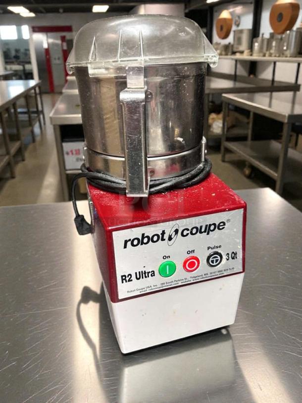 Robot Coupe R2 Ultra food processor in outstanding condition, 3 Qt bowl, 120V, fully tested, marked with model info and controls.