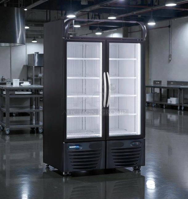 Minus Forty dual glass door commercial display fridge, model 43-UDGF-X1-1C000-BK-8SHELF, LED lit, superb condition.