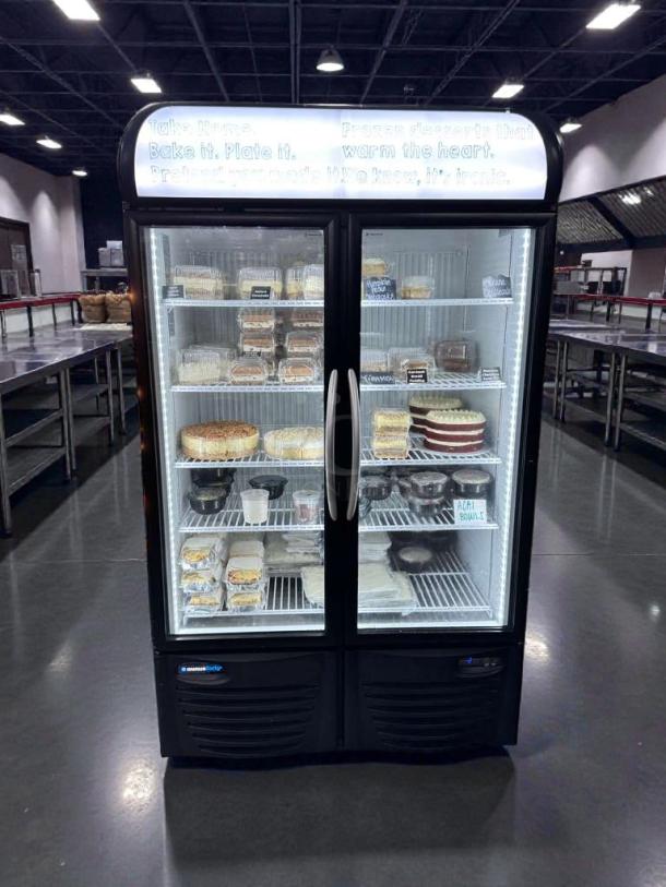 Minus Forty dual glass door commercial display refrigerator, LED lit, 8 shelves, superb condition, model 43-UDGF-X1-1C000-BK.