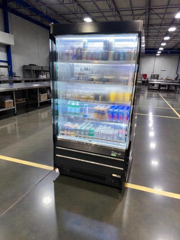 Turbo Air TOM-40B-N commercial display fridge, superb condition, open-front, 115V, fully tested, stocked with beverages.