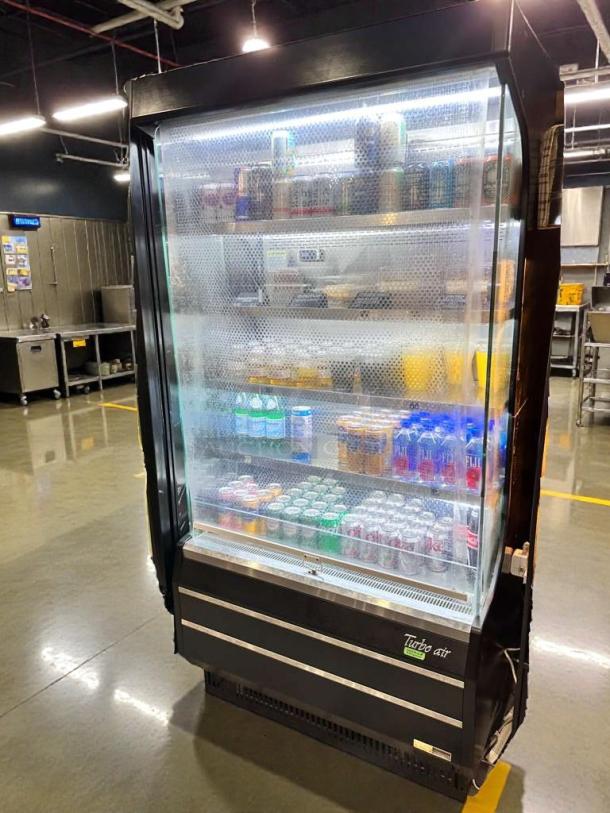 Turbo Air TOM-40B-N vertical open-front display fridge, superb condition, fully tested, 115V, stocked with beverages.