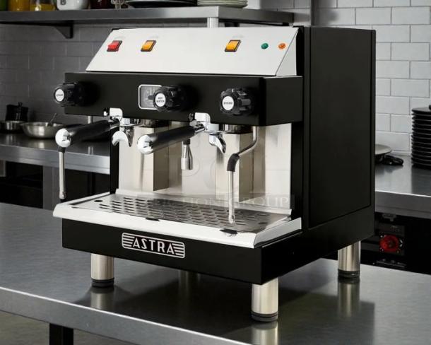 Astra MEGA II semi-automatic espresso machine in great condition, tested and working, black and stainless steel finish, 220V.