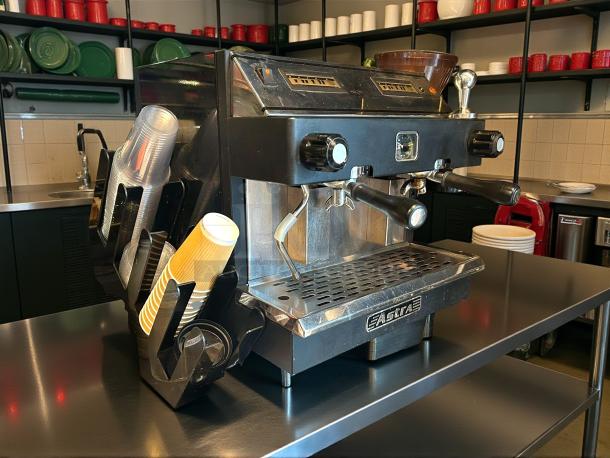 ASTRA MEGA II semi-automatic espresso machine, great condition, compact 220V, dual spouts, tested and working, with cup holders.