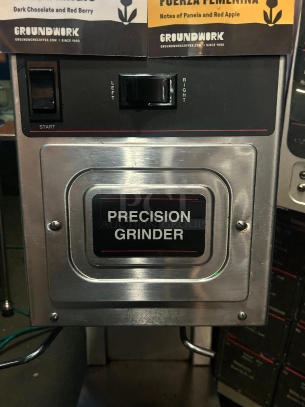 BUNN G9-2T Portion Control Grinder, great condition, stainless steel, tested & working; "Precision Grinder" label visible.