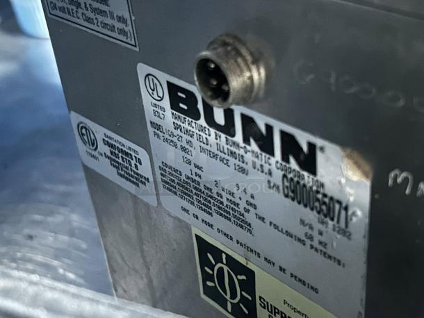 Bunn Model G9-2T 24250.0021 HD Portion Control Grinder label, showing serial number G900065071, UL and sanitation logos.