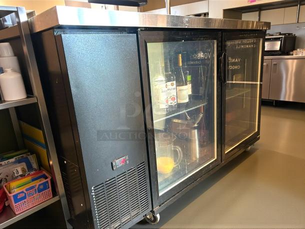 Migali BB60-N12 60" back bar refrigerator in like new condition with two glass doors; tested and working.