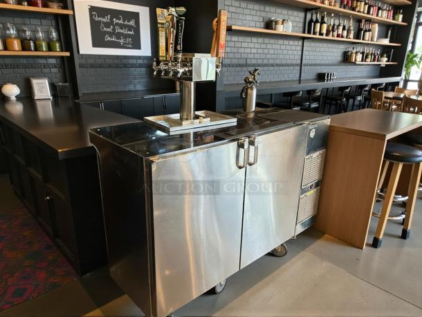 Glastender BB60-R1-SN(LR) stainless steel 2-door back bar cooler with 8 draft beer dispensers. Tested and working.