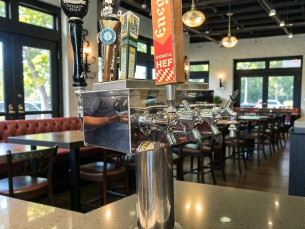 A Glastender BB60-R1-SN(LR) 60" back bar cooler with 8 draft beer dispensers, stainless steel doors, tested and working.