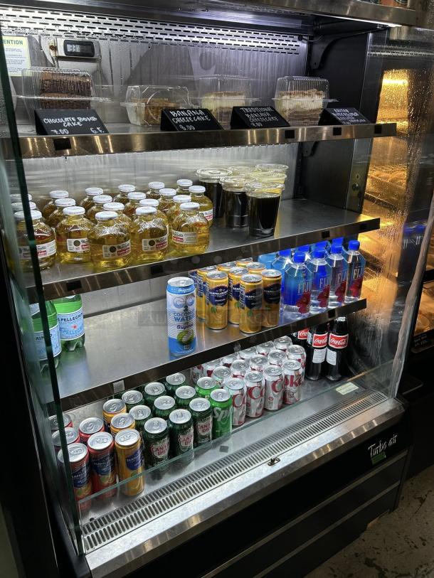 Turbo Air TOM-40B-SP-N Vertical Open Air Cooler, 39 1/8", 5 levels, stocked with beverages, tested, working condition.