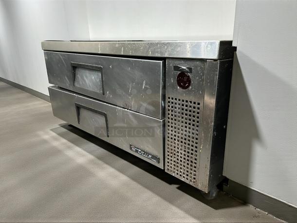 True Refrigeration TRCB-52 chef base, 51-7/8"W, tested and working, stainless steel, dual drawers, minor wear, brand logo visible.