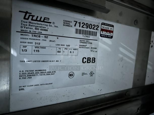 True Refrigeration TRCB-52 label, model TRCB-52, 115V, 1/3 HP. Made in USA, NSF certified.