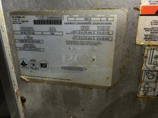 Pitco SG14-S natural gas stainless steel fryer, 110,000 BTU. Serial G09BD005226. Excellent condition, NSF certified.