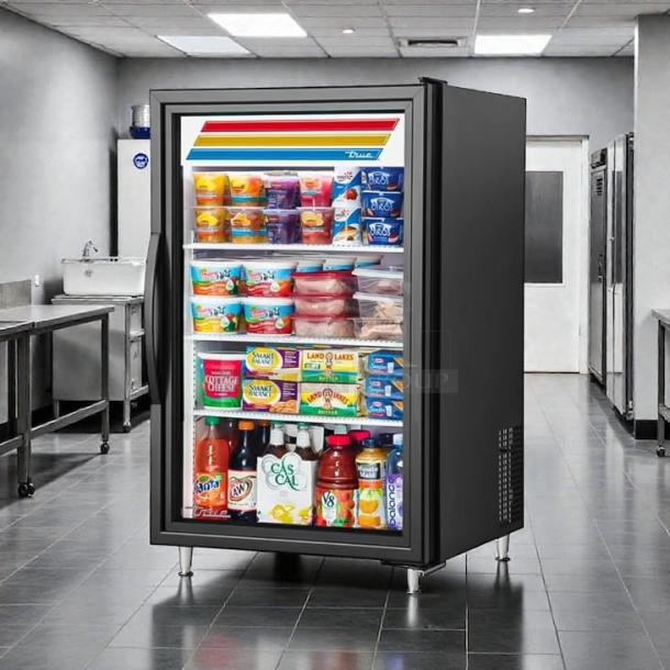 True GDM-07 24 1/8" black refrigerated countertop merchandiser with glass door, amazing condition, tested and working.