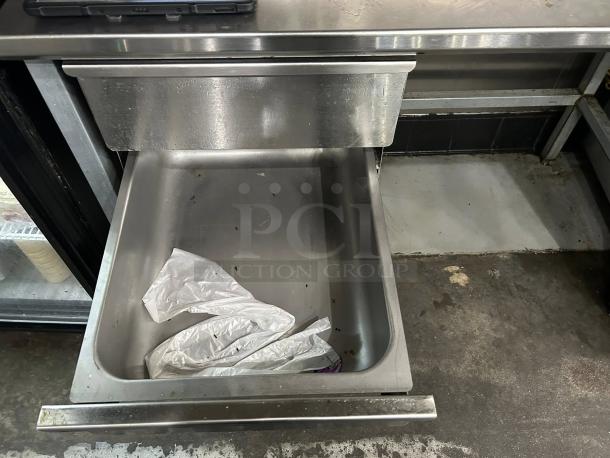 John Boos ST6R5-3060GBK stainless steel worktable, 60", with two drawers and open base; visible wear, drawer open.