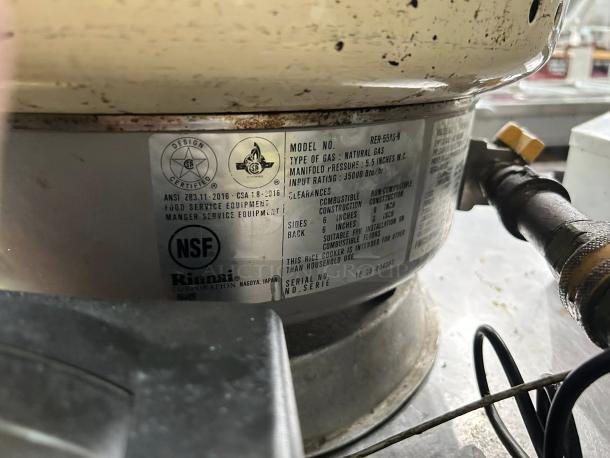 Rinnai RER-55AS-N gas rice cooker, tested working, good condition, with certification labels and specifications visible.
