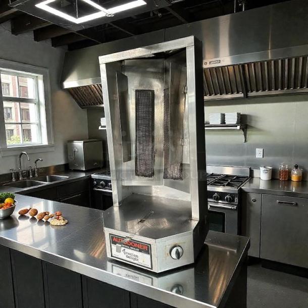 Auto Doner 3PG vertical broiler, natural gas, 65 lb capacity, in great condition. Tested and working. Grecian Delight label.