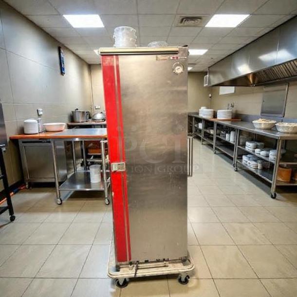 Carter-Hoffmann PH1800 mobile insulated heated transport cabinet, stainless steel, tested, working condition, with red accent.