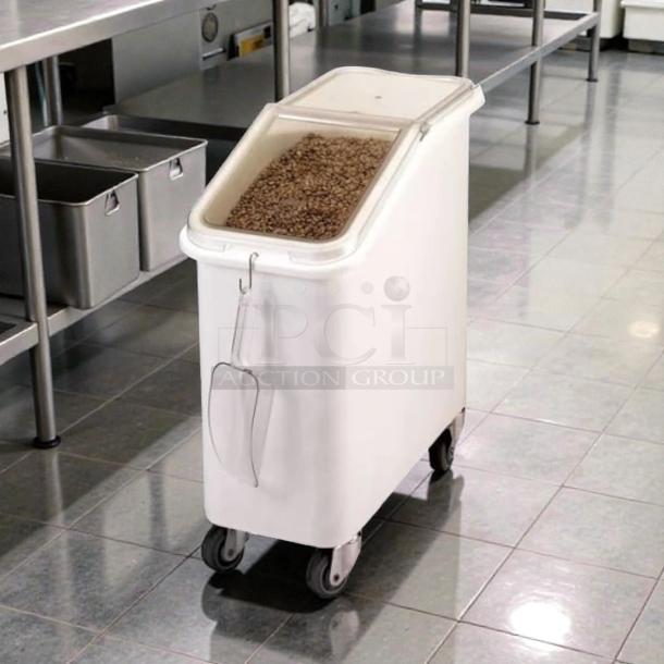 Cambro IBS20148 mobile ingredient bin, slant top, 21-gallon, excellent condition, smooth swivel, visible scoop attachment.