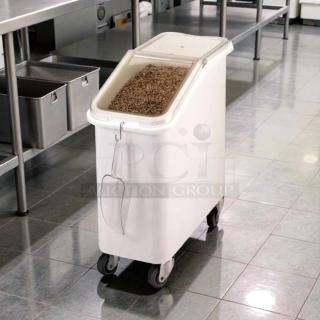 Cambro IBS20148 mobile ingredient bin, slant top, 21-gallon, excellent condition, smooth swivel, visible scoop attachment.