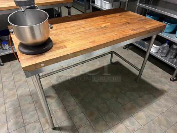 John Boos HNB09 work table with 60"x30" hard rock maple top, 1.75" thick, in great condition, stainless steel legs.