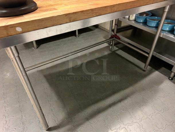 John Boos HNB09 work table with 60"x30" hard rock maple top, 1.75" thick, stainless steel legs, in great condition.