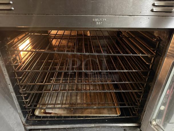 Garland MCO-GD-20 Master Series double-deck gas convection oven, interior view with multiple racks, tested and working.