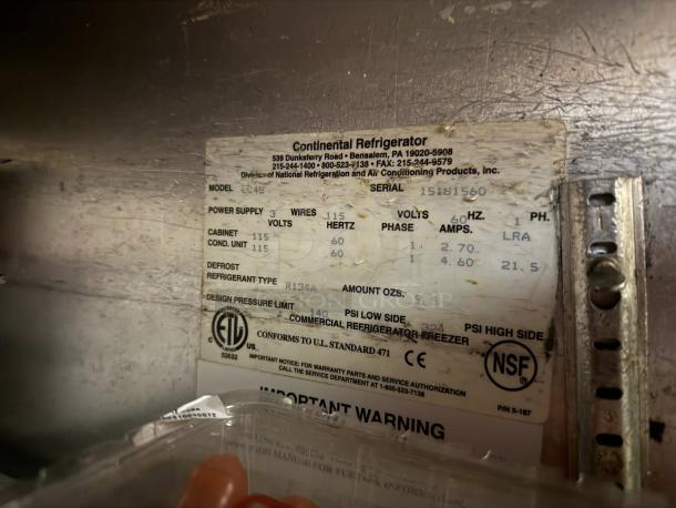 Continental UC48 Undercounter Refrigerator label showing model, power specs, and NSF certification. Good condition, 13.4 cu ft.