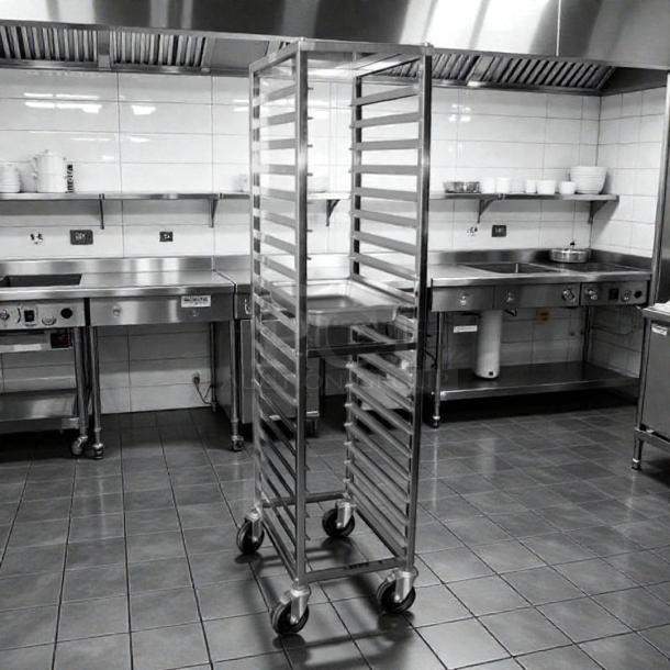GSW USA ASR-1915 stainless steel sheet pan rack, 15"x22.5", open sides, on casters, excellent condition.
