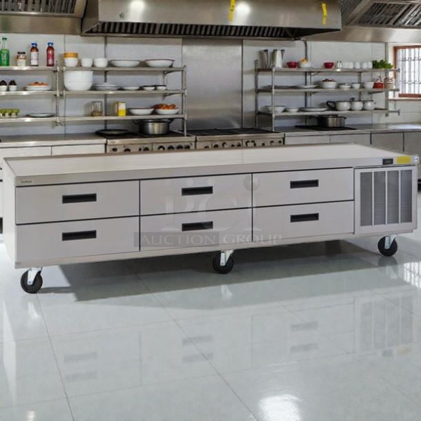 Delfield F2996CP 96" 6-drawer low profile refrigerated chef base, tested and working, on casters, ideal for commercial kitchens.