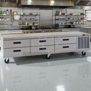 Delfield F2996CP 96" 6-drawer low profile refrigerated chef base, tested and working, on casters, ideal for commercial kitchens.