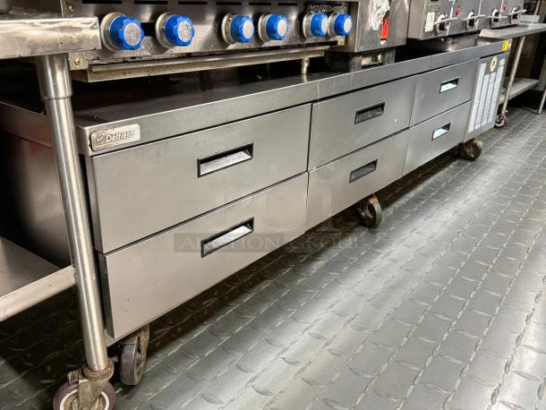 Delfield F2996CP 96" 6-drawer refrigerated chef base in tested working condition, featuring a low-profile design.