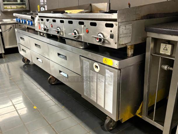 Delfield F2996CP 96" 6 Drawer Refrigerated Chef Base, stainless steel, tested and in working condition, on casters.