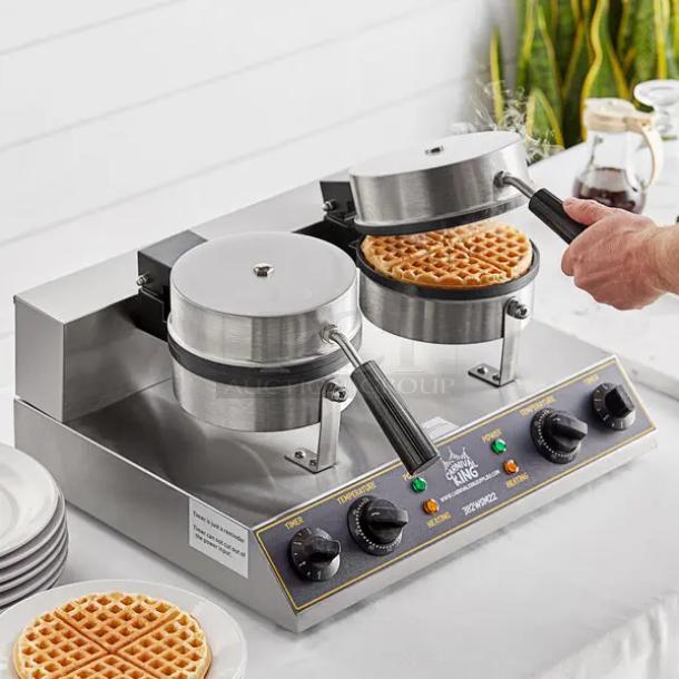 Carnival King Model 382WSM22 Double Waffle Maker, non-stick, dual timers, stainless steel, tested and working condition.