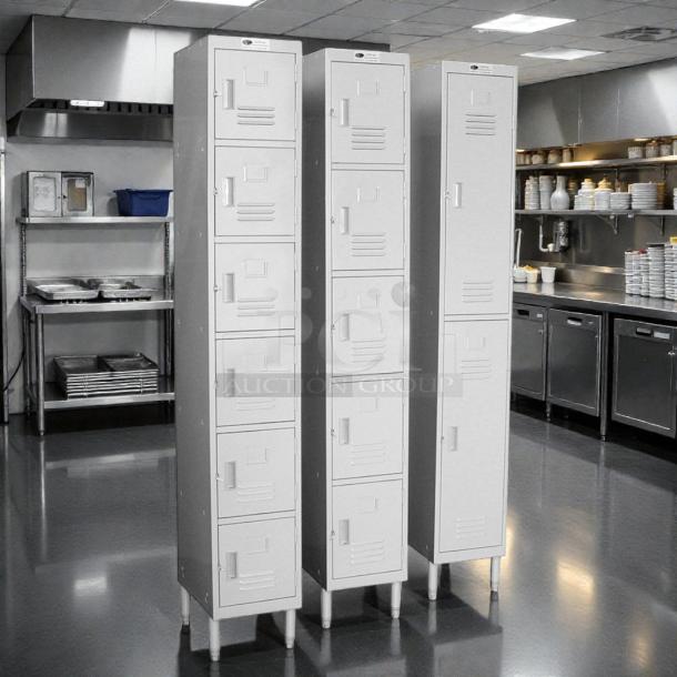 GSW USA EL-6DR 6-tier beige lockers, 12" wide, great condition, powder-coated, durable for employees use.