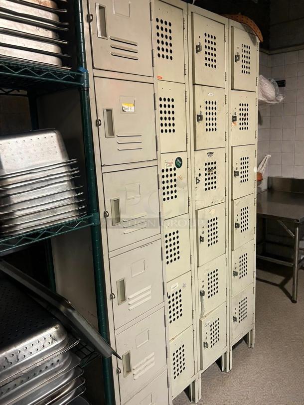 GSW USA EL-6DR employee lockers, 12" wide, 6-tier, beige powder-coated, great condition. Ventilated doors, secure locks.