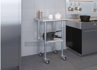 Omniteam 24" x 24" stainless steel work table with casters; excellent condition, swivel feature, and dual shelves.