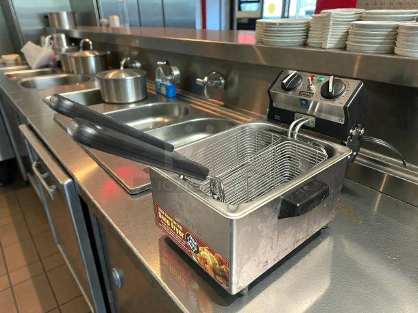 Waring WDF75RC 8.5 lb. commercial countertop deep fryer, tested, working, stainless steel, with control dials and single basket.