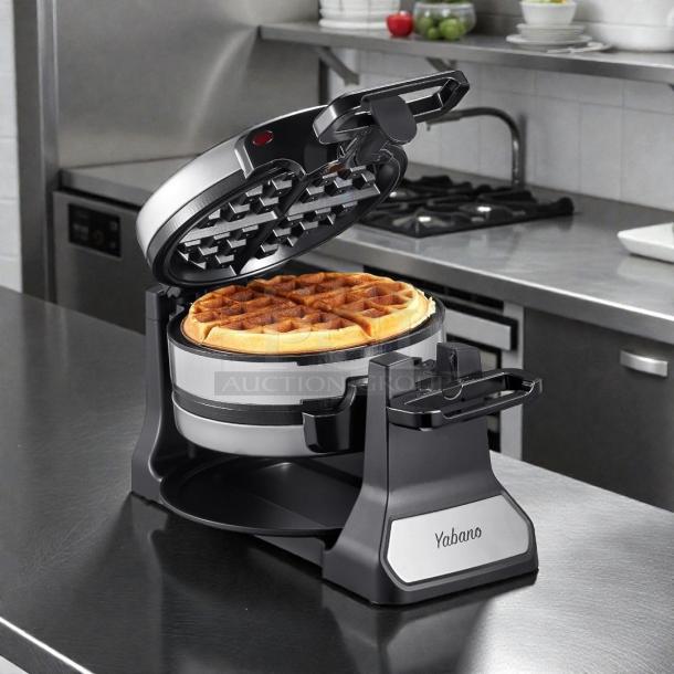 YABANO Belgian Waffle Maker, Model SW-2090B, in excellent condition, features double rotating iron, 115v, tested and working.
