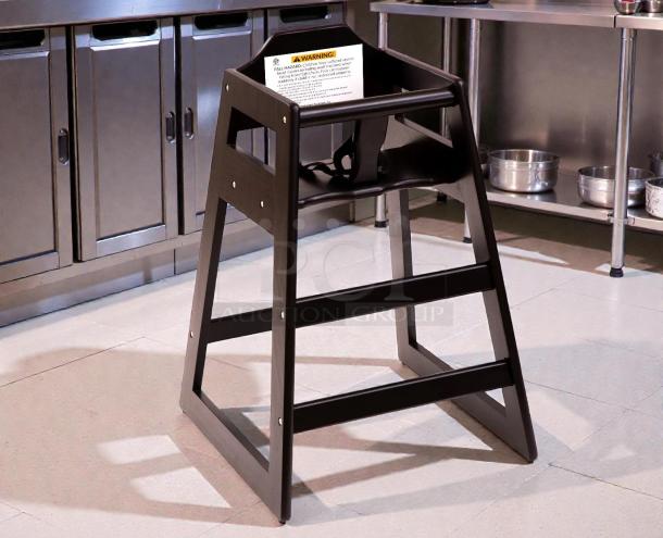 Modesto Brown wood high chair, excellent condition, sturdy build. Features safety strap and caution label on backrest.