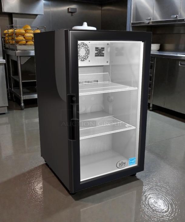 IDW GCG-7 countertop cooler in excellent condition, 115v, tested and working. Features glass door, two shelves, and IDW branding.