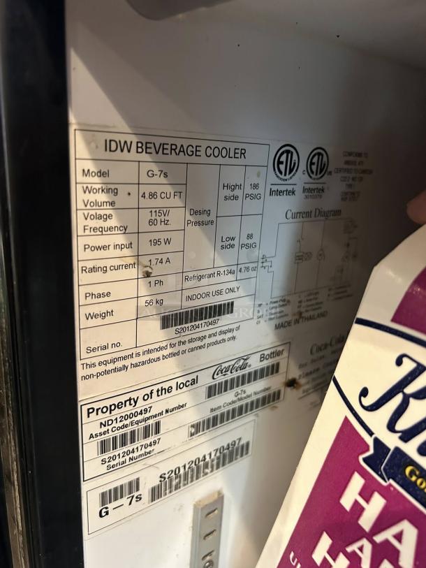IDW GCG-7 Countertop Cooler, excellent condition, 115V, 4.86 cu ft, model info and serial number tags visible, tested working.