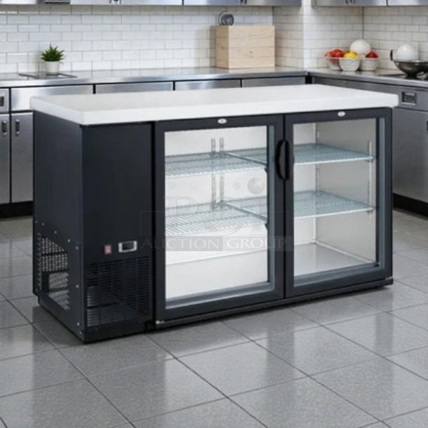 Dukers DBB60-H2, 61" reach-in glass door cooler, two-section, perfect condition, tested, working, black finish.