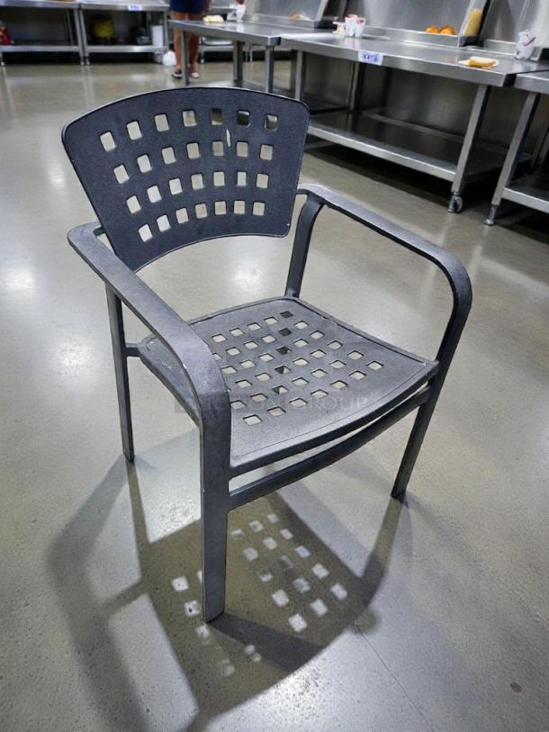 Set of 6 heavy-duty metal patio arm chairs, outstanding condition, lattice design, fully inspected, ready for outdoor use.